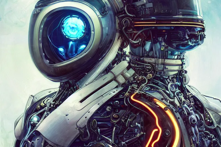 Image similar to portrait of a biomechanical head inside a cyberpunk space helmet, vintage transistors, neon, white metal, iridescent visor, smooth, sharp focus, art by Greg Rutkowski and artgerm and Alphonse Mucha,