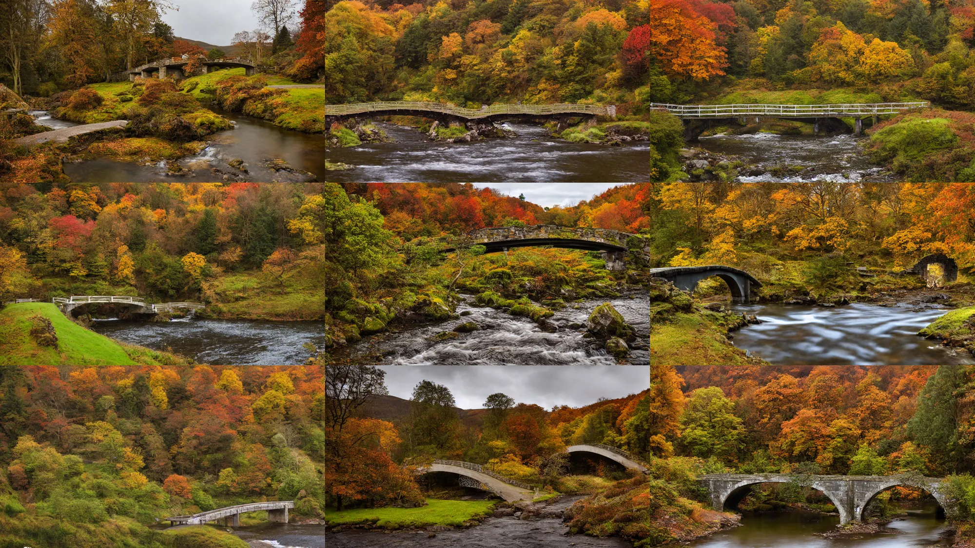 Prompt: a scottish estate on the edge of a forest. a bridge leads over a stream. a hill in the background. a tree on the hill. autumn. homely atmosphere. architectural photo.