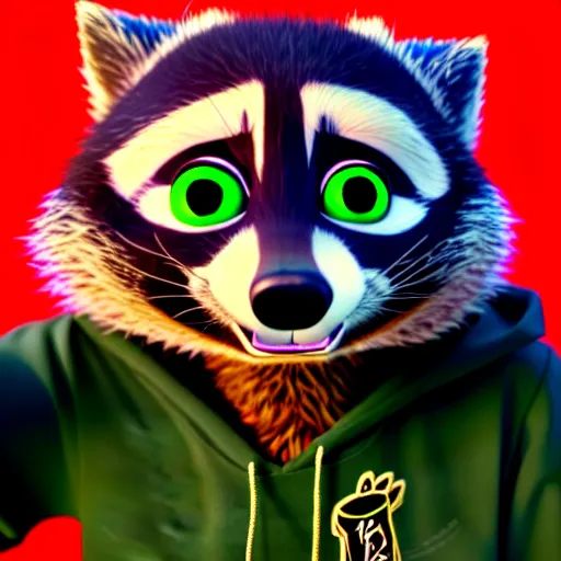 Prompt: a stoner with a black hoodie on with a marijuana themed dark green raccoon head from zootopia, 3 d, blender 3 d, render, extremely detailed, 8 k, stoned red eyes