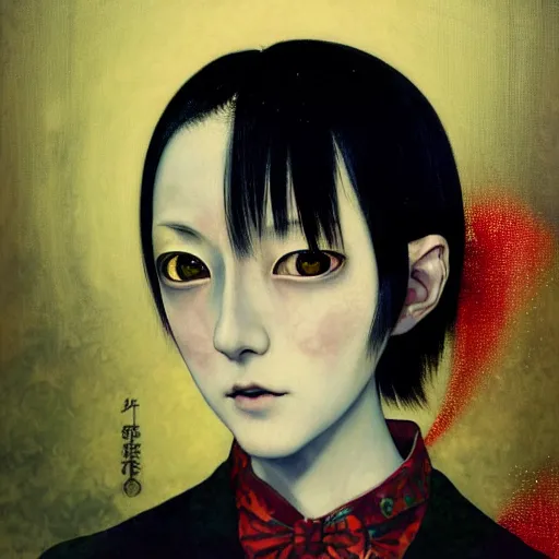 Image similar to yoshitaka amano blurred and dreamy realistic three quarter angle horror portrait of a sinister young woman with short hair, big earrings and red eyes wearing office suit with tie, junji ito abstract patterns in the background, satoshi kon anime, noisy film grain effect, highly detailed, renaissance oil painting, weird portrait angle, blurred lost edges