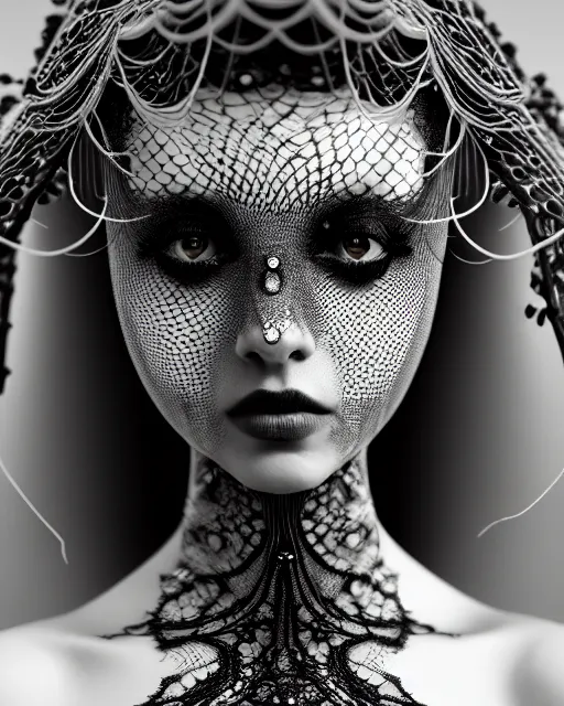 Image similar to surreal mythical dreamy artistic black and white fine art photo of a beautiful young female queen - medusa - vampire - cyborg covered with lace fish scales and translucent algae, highly detailed, intricate crystal ivy lace jelly fish scales ornate, poetic, octane render, 8 k, photo - realistic