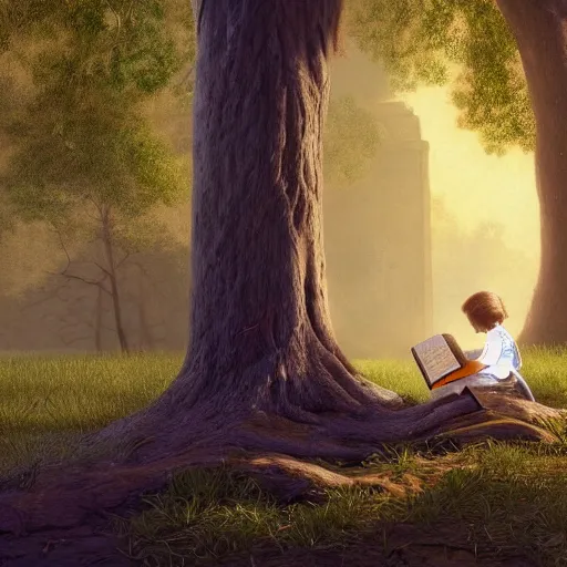 Prompt: a child reading a book under a beautiful tall tree growing in the middle of an ancient Victorian library. inspired by Albert Bierstadt, ultra-realistic, 4K, featured on artstation