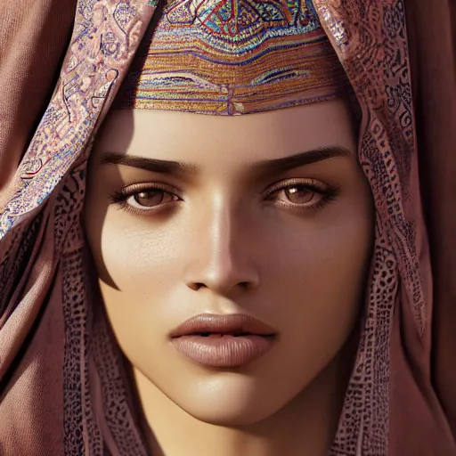 Image similar to portrait of a stunningly beautiful arabic tribal female, depth of field, zeiss lens, detailed, symmetrical, centered, fashion photoshoot, by Annie Leibovitz and Steve McCurry, David Lazar, Jimmy Nelsson, Breathtaking, 8k resolution, extremely detailed, beautiful, establishing shot, artistic, hyperrealistic, beautiful face, octane render