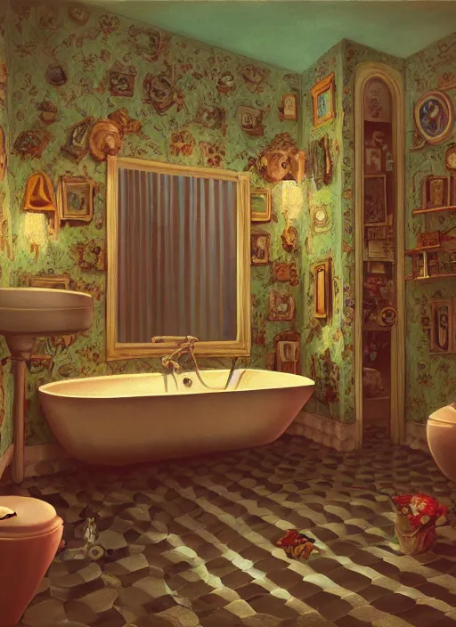 Prompt: highly detailed wide - angle portrait of a retro 1 9 6 0 s bathroom, nicoletta ceccoli, mark ryden, lostfish, earl nore, hyung tae, frank frazetta, global illumination, god rays, detailed and intricate environment