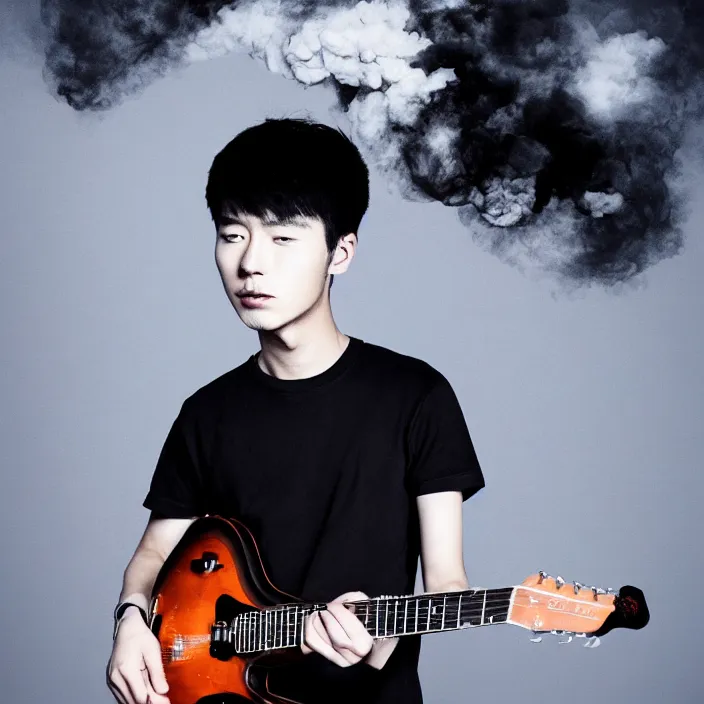 Prompt: a young korean man wearing black t shirt holding an electric guitar!! in dark room, dramatic smoke, contrast lighting, matte colors, thought provoking, dramatic brush painting, trending on artstation
