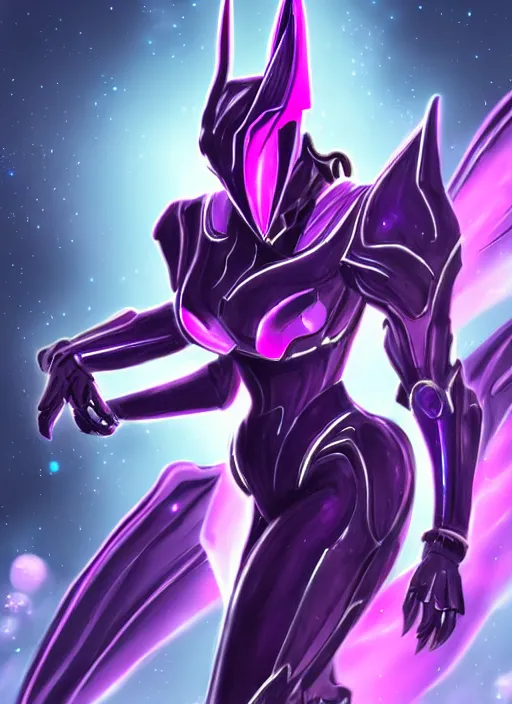 Image similar to cinematic body shot, galactic sized goddess, proportional stunning beautiful hot female warframe, sleek mecha female dragon head, metal ears, led purple eyes, smooth fuschia skin, smooth silver armor, floating in space, holding a galaxy, epic proportions, epic size, epic scale, furry art, dragon art, giantess art, warframe fanart, furaffinity, octane