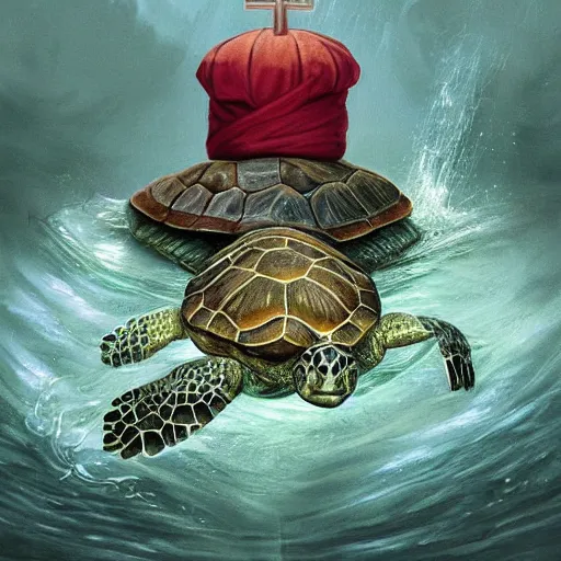 Prompt: regal papal pond turtle wearing a pope hat, D&D, fantasy, portrait, highly detailed, digital painting, trending on artstation, concept art, sharp focus, illustration, art by artgerm, greg rutkowski and magali villeneuve #pope francis #red ear slider turtle #vatican #pond turtle #catholic