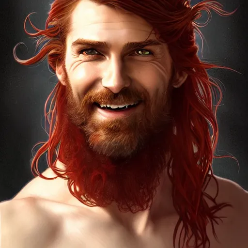 Image similar to portrait of a young ruggedly handsome but joyful pirate, male, masculine, upper body, red crimson hair, long long flowing hair, fantasy, proud smirk, intricate, elegant, highly detailed, digital painting, artstation, concept art, matte, sharp focus, illustration, art by artgerm and greg rutkowski and alphonse mucha