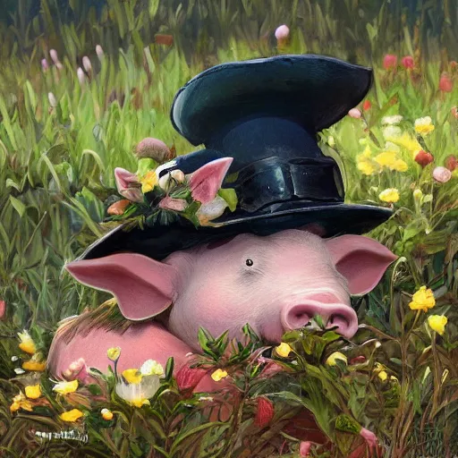 Image similar to cute and adorable miniature piggy 🐖 wearing a cute hat on garden during a summer day, highly detailed, digital painting, artstation, concept art, smooth, sharp focus, illustration, art by yee chong and sydney hanson and artgerm and rossdraws and greg rutkowski and alphonse mucha