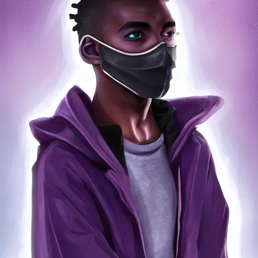 Image similar to professional digital art of a stylish young adult man with a black face mask, earrings, and dark clothes, high quality, HD, 8K, highly detailed, award-winning, sci-fi, fantasy, movie character, concept art, fashion, dark purple clouds, night