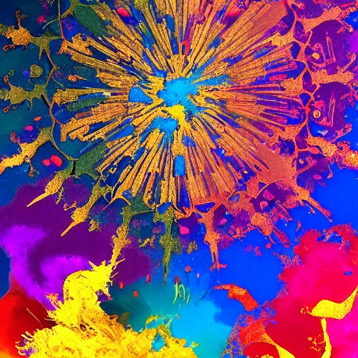 Image similar to color powder explosion on top of baroque renaissance painting, particles, fine detail, damien hirst and jackson pollock and james jean, golden ratio, fractal, sharp focus, artstation