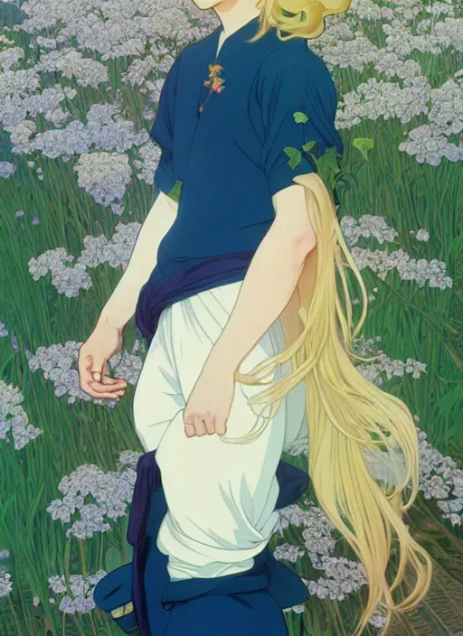 Image similar to pretty young man with shoulder length blond hair, half body shot, path traced, highly detailed, high quality, digital painting, by studio ghibli and alphonse mucha, leesha hannigan, hidari, art nouveau, chiho aoshima