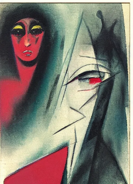Prompt: 1920s german expressionism by Igor Scherbakov, moody, an extreme close-up abstract portrait of a lady enshrouded in an impressionist representation of the meaning of life, abstract, art by Jack Gaughan, figure painting by Anthony Cudahy, vintage postcard illustration, minimalist cover art by Mitchell Hooks
