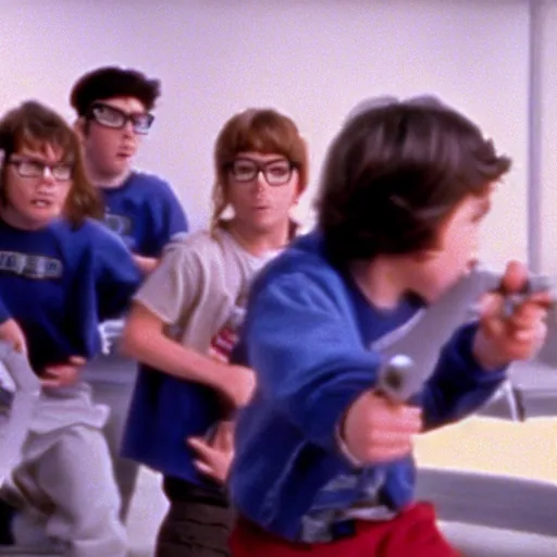 Image similar to film still from the movie 'Nerd Squad'' (1995). Exciting action scene. Sigma 85mm f/8