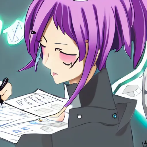 Image similar to Goddess Aqua struggling to do her taxes, trending on pixiv