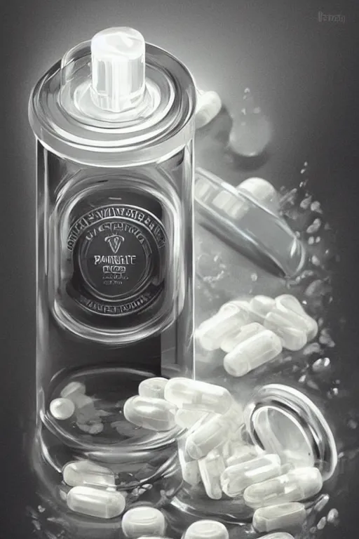 Image similar to concept art of a patek philippe white dietary supplement in a transparent bottle with big black sticker on it by aenaluck, artgerm and roberto ferri and greg rutkowski, blue and white tones, digital painting, artstation, concept art, smooth, sharp foccus ilustration hq