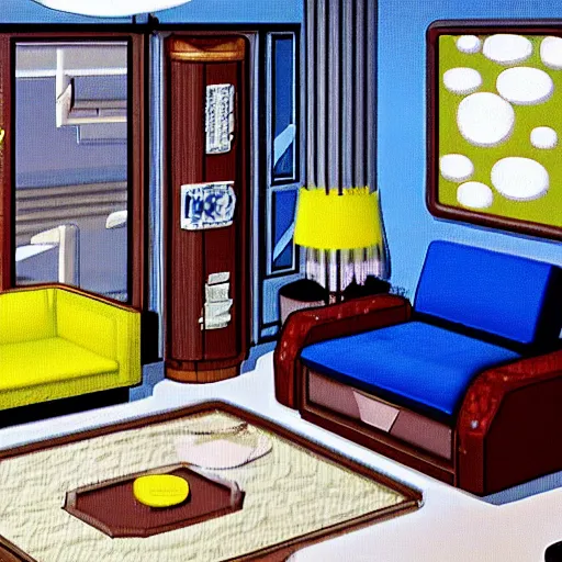 Prompt: a living room with futuristic furniture, from a Lucasarts graphic adventure game made in 1995