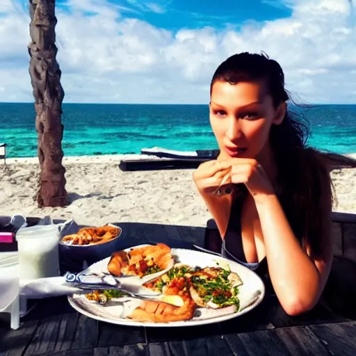 Prompt: bella hadid eating lunch at the beach, photorealistic, ultra - detailed, hdr shot