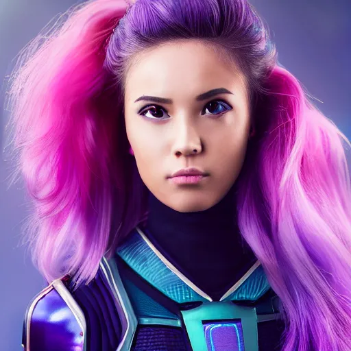 Image similar to a stunning high shutter speed action upper body portrait of a beautiful woman with a ombre purple pink hairstyle with head in motion and hair flying while wearing futuristic navy blue and teal battle bodyarmor and pauldrons by marvel comics, outrun, vaporware, action photography, highly detailed, fine detail, intricate, digital art, trending on artstation