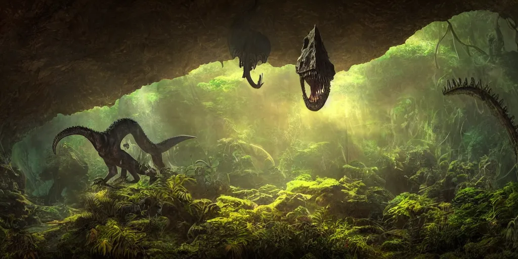 Image similar to magnificent mechanical steampunk dinosaur looking eerily into a cave entrance with lush vegetation and mystical (((glowing algae))) in the sunset, light coming through from holes in the ceiling, desaturated, creepy ambiance, dangerous, sharp focus, highly detailed, artgerm