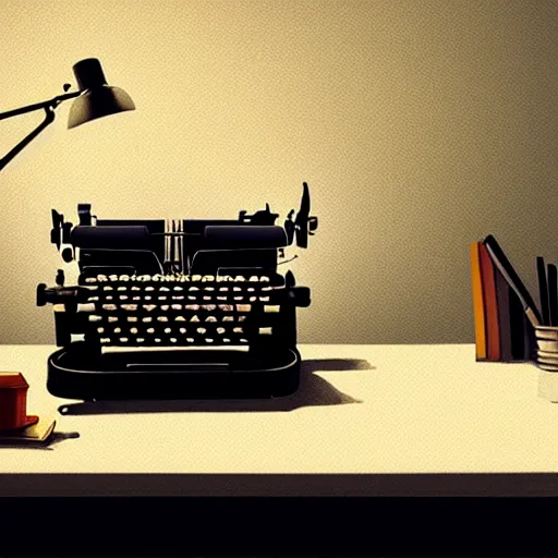 Image similar to painting of a typewriter on a desk in a dimly lit room, volumetric lighting, style of greg rutkowski