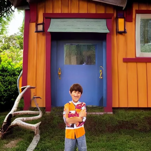 Prompt: a hero shot for a movie poster of an anthropomorphic main character of a kids movie by pixar, proudly smiling and standing in front of a small and compact wooden house