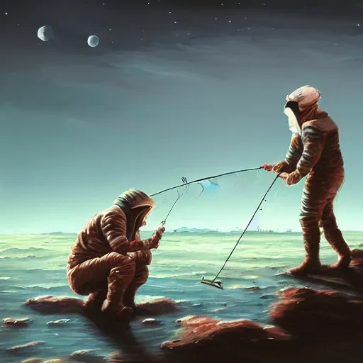 Image similar to fishing on the moon, 4K, painting, artstation, oil paint