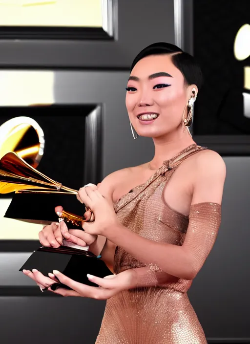 Prompt: rina sawayama winning a grammy award, red weapon 8 k s 3 5, cooke anamorphic / i lenses, highly detailed, cinematic lighting