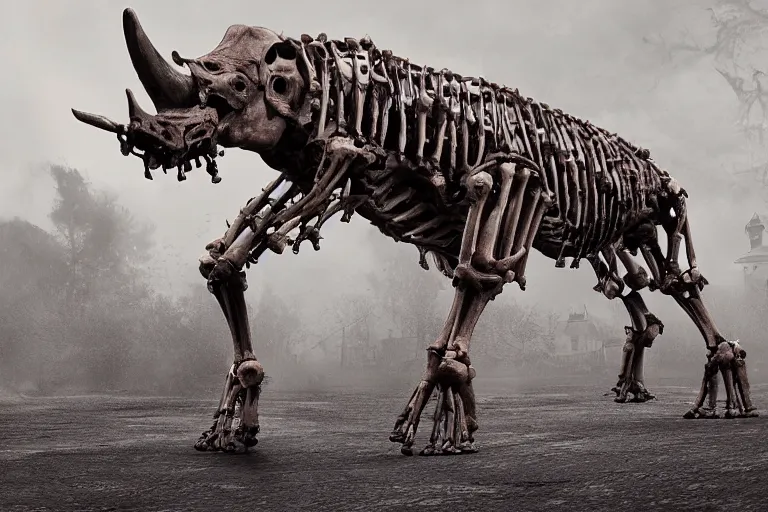 Image similar to a cinematic view of the entire skelleton of a rhino made of stained bones, true realistic image, detailed image