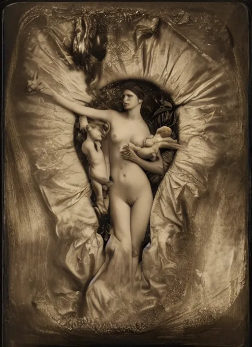 Prompt: old wetplate daguerreotype birth of venus, fractal, intricate, elegant, highly detailed, parallax, leica, medium format, subsurface scattering, by jheronimus bosch and greg rutkowski and louis jacques mande daguerre