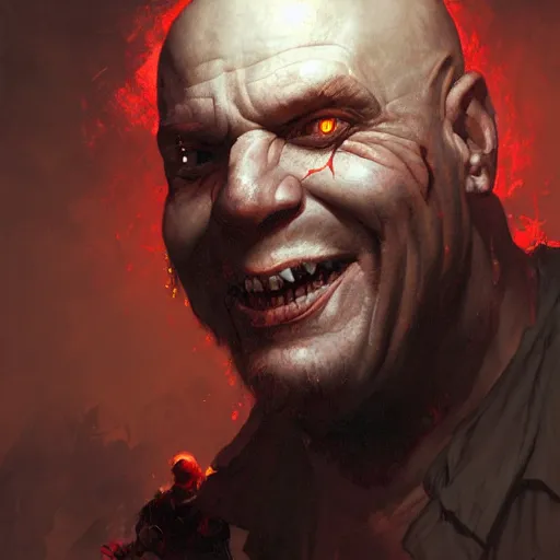 Image similar to portrait of a red bald man with black eyes and a black smile, horror, glowing eyes, by Stanley Artgerm Lau , greg rutkowski, thomas kindkade, alphonse mucha, loish, norman rockwell. Trending on artstation detailed illustration hd 4k