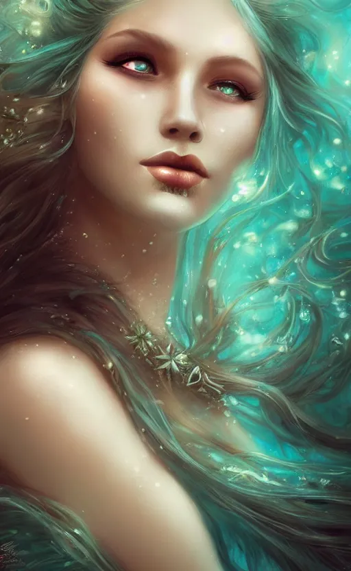 Prompt: a beautiful woman underwater mermaid, 8 k, sensual, hyperrealistic, hyperdetailed, beautiful face, long turquoise hair windy, dark fantasy, fantasy portrait by laura sava