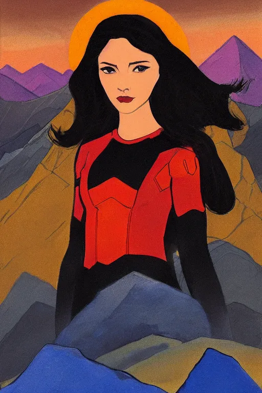 Image similar to black widow ( natasha romanova ) on mountains, marvel, artwork by nicholas roerich,