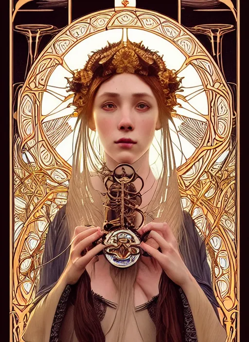 Image similar to beautiful priestess girl tarot card portrait, biomechanical, intricate artwork masterpiece, majestic, elden ring cinematic lighting, volumetric 8 k, by alphonse mucha, apollonia saintclair, josan gonzalez, artgerm, edmund leighton, kilian eng, trending on cgsociety, octane render, 8 k