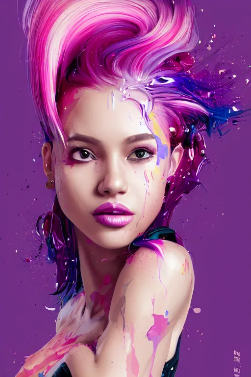 Image similar to a award winning half body portrait of a beautiful woman in a croptop and cargo pants with ombre purple pink teal hairstyle with head in motion and hair flying by artgerm, paint splashes, splatter, outrun, vaporware, shaded flat illustration, digital art, trending on artstation, highly detailed, fine detail, intricate