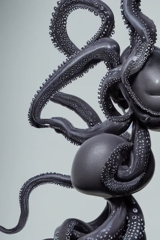 Prompt: full head and shoulders, beautiful porcelain female person, with lots and lots of black, realistic eyeballs, smooth, delicate facial features, white lashes, 3 d white shiny thick, large octopus tentacles in hair, standing in an art gallery by daniel arsham and james jean