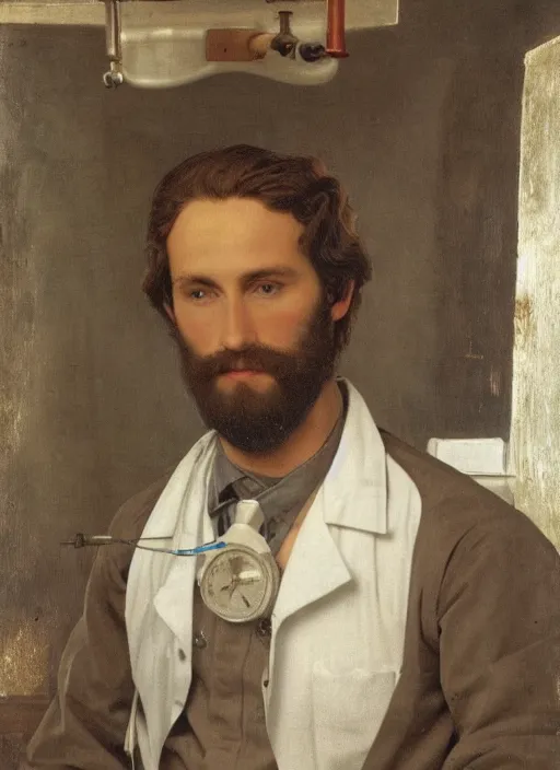Prompt: Pre-Raphaelite young beautiful brown-haired bearded muscular doctor with medical mask the operating room
