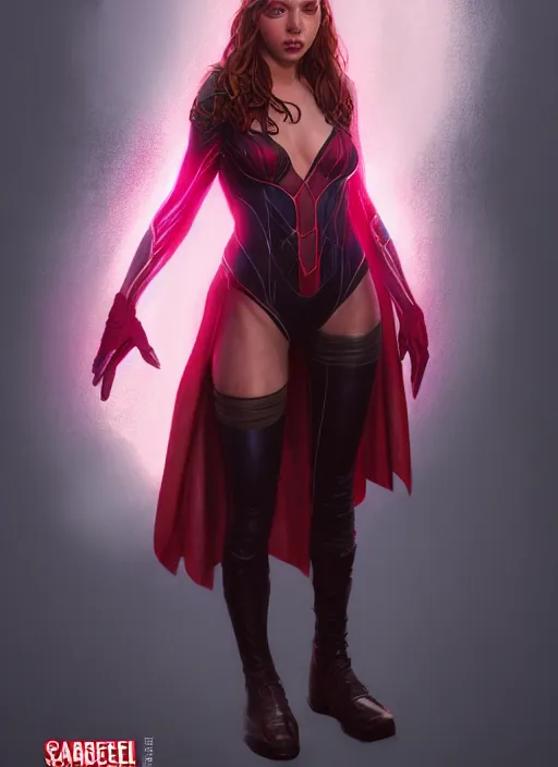 Image similar to Scarlet Witch, full body portrait, hyper detailed, digital art, trending in artstation, cinematic lighting, studio quality, smooth render, unreal engine 5 rendered, octane rendered, art style by klimt and nixeu and ian sprigger and wlop and krenz cushart