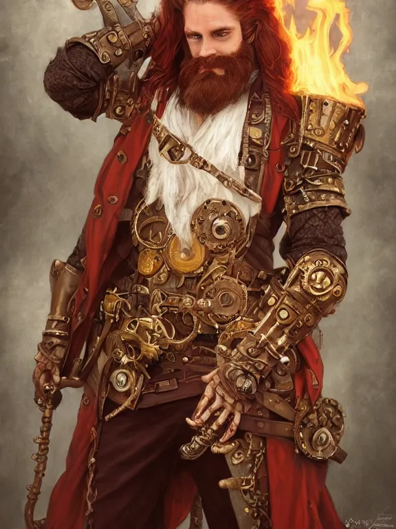 Prompt: full body picture of male steampunk pyromancer, burning brass armor, ornamental, burly, white skin, long red hair, beard, high fantasy, highly detailed, detailed face, smooth, sharp focus, digital painting, by artgerm and greg rutkowski and alphonse mucha