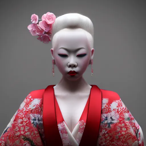 Prompt: beautiful albino maiko with very long hair in a pagoda, detailed, jewelry, sakura,photograph, award wining, red and white, trending on artstation, punk attitude, 4k, unreal engine 5, octane render, neon highlights