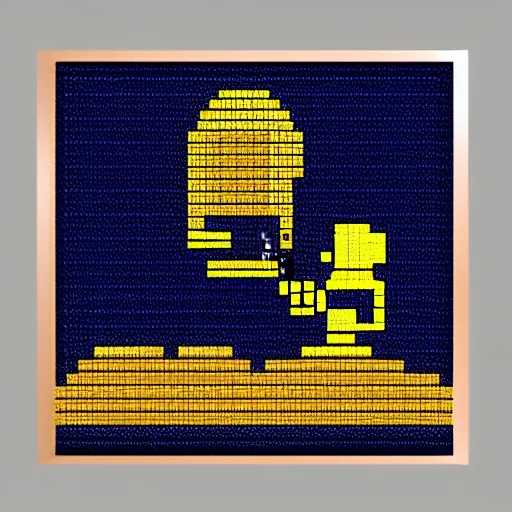 Prompt: a person in a gold and navy astronaut suit based upon medieval armor laser welding the stars into the sky, 8-bit pixel art