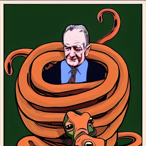 Image similar to Lyndon B Johnson riding a jumbo snake, digital art