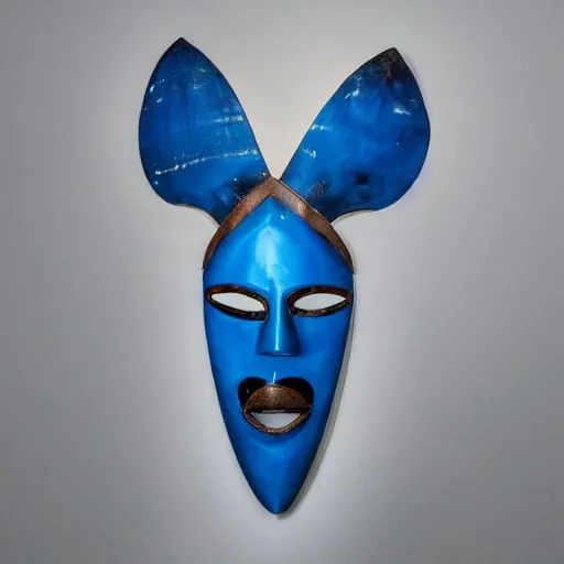 Image similar to a dark African ritual mask with light blue details, realistic, photography