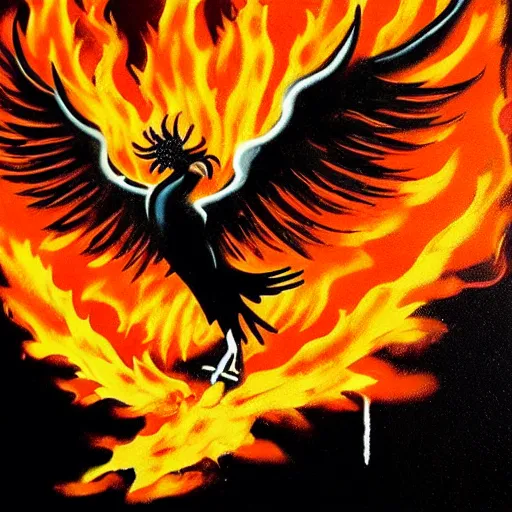 Prompt: Phoenix in fire, by bansky