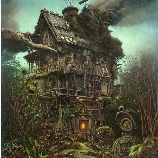 Image similar to a hyperrealistic painting of a steampunk cottage in the middle of an alien jungle, by john kenn mortensen and zdzislaw beksinski, highly detailed, vivid color,