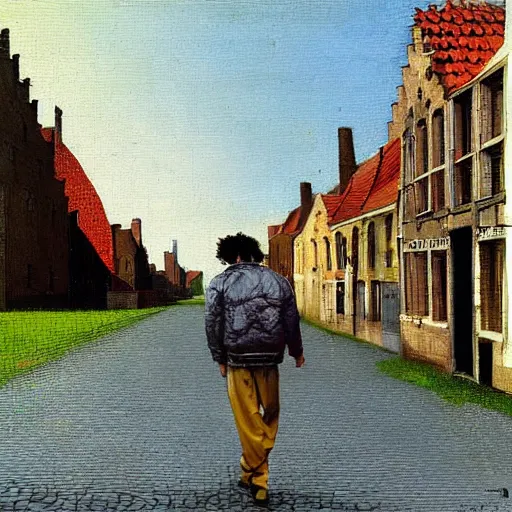 Image similar to bob marley walking in bruges, painted by scott listfield, sunny, happy