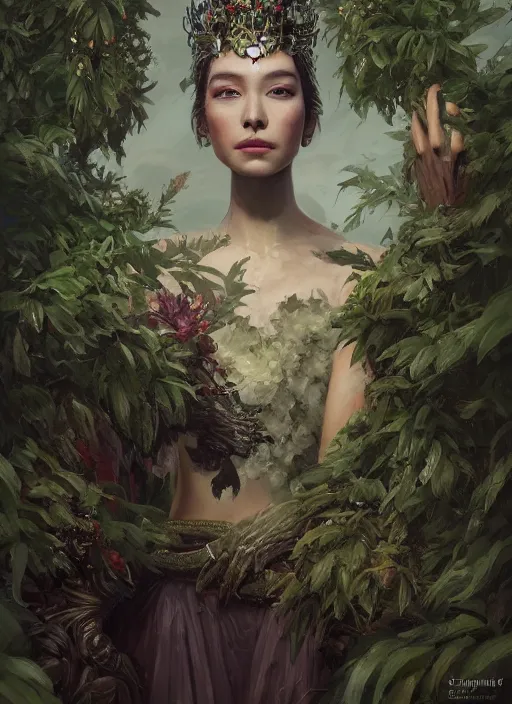 Prompt: A fancy portrait of a beautiful queen covered plants by Greg Rutkowski, Sung Choi, Mitchell Mohrhauser, Maciej Kuciara, Johnson Ting, Maxim Verehin, Peter Konig, Bloodborne, 8k photorealistic, cinematic lighting, HD, high details, dramatic, atmospheric , trending on artstation