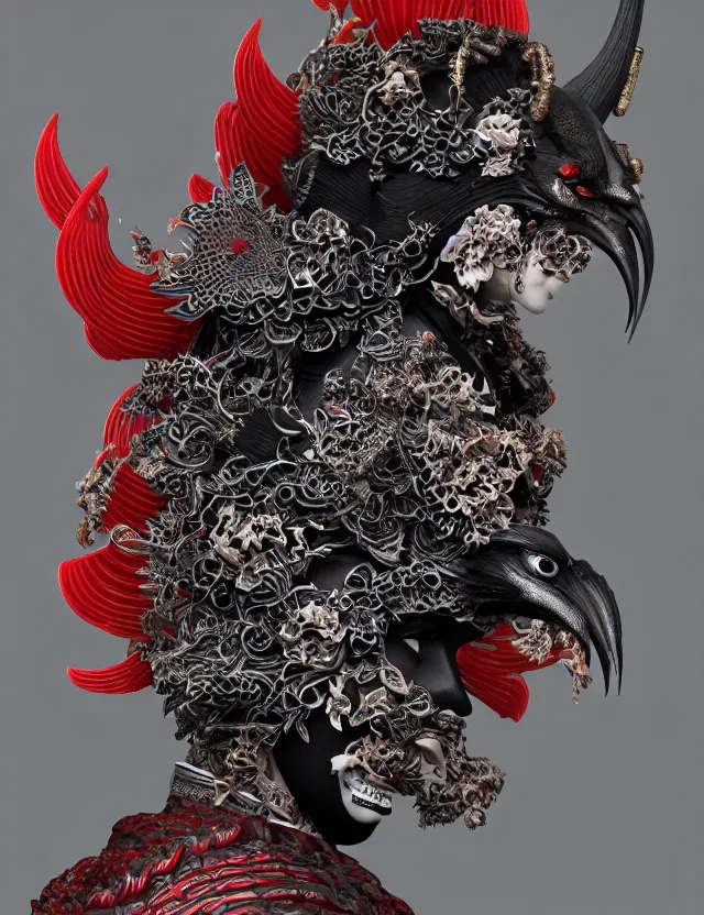 Image similar to 3 d goddess close - up profile satan biohazard portrait with crown, ram skull. beautiful intricately detailed japanese crow kitsune mask and clasical japanese kimono. betta fish, jellyfish phoenix, bio luminescent, plasma, ice, water, wind, creature, artwork by tooth wu and wlop and beeple and greg rutkowski