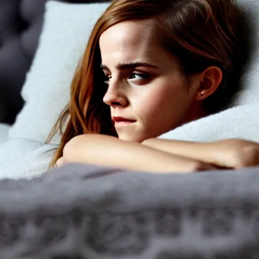 Image similar to emma watson sleeping in a bunch of cozy beds