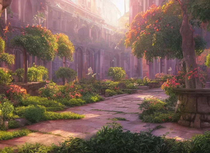 Image similar to environmental illustration of a cloister garden in a late renaissance city at sunset | | anime key visual, official media, illustrated by wlop, extremely detailed, 8 k, trending on pixiv, cinematic lighting, beautiful